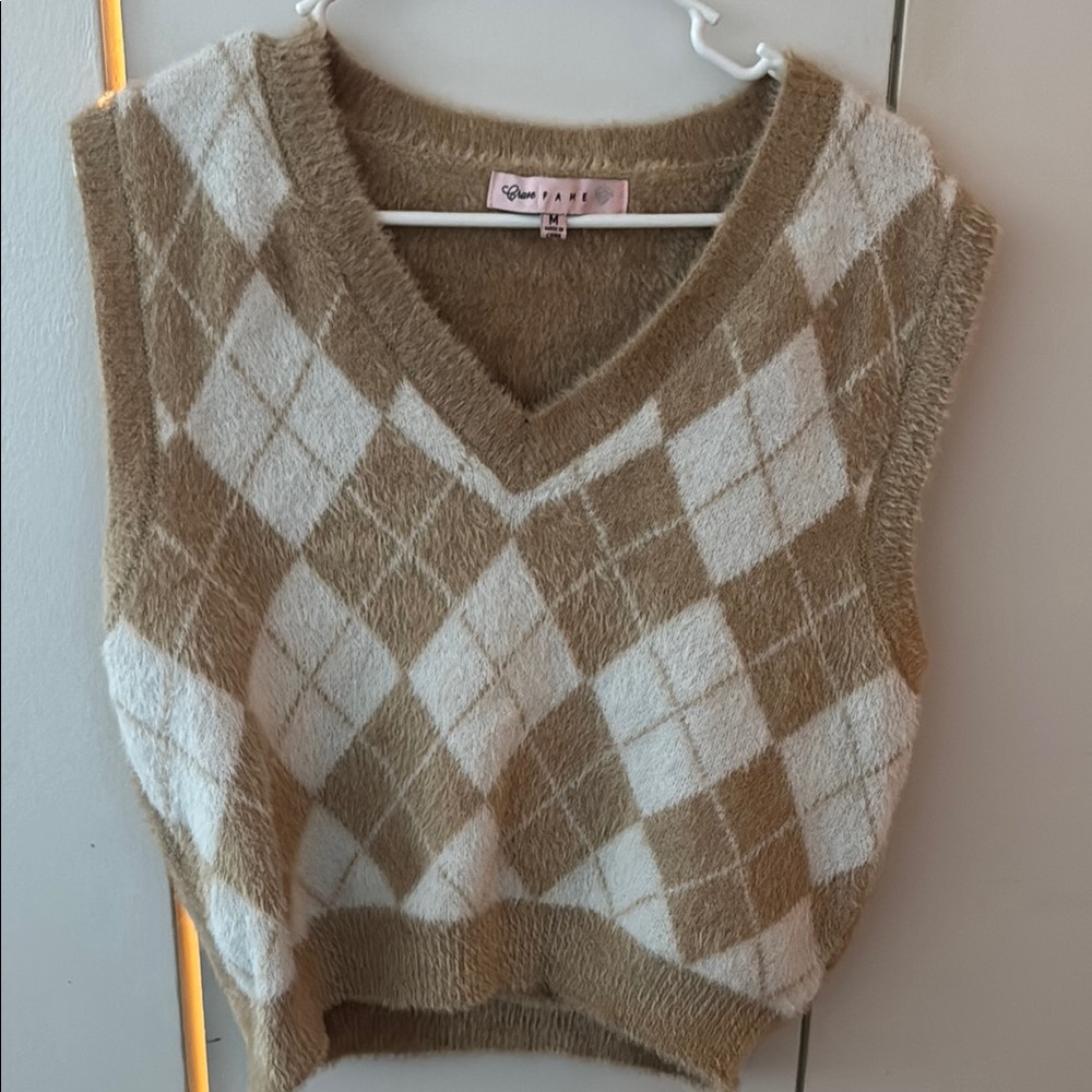 Chic Tan and White Argyle Sweater Vest